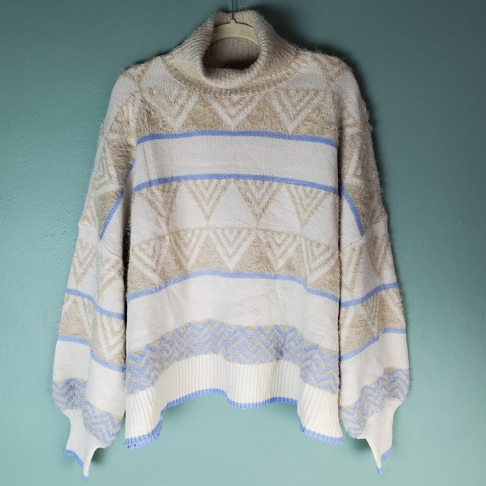 Davi & Dani Womens Ivory Periwinkle Geometric Print Turtleneck Sweater Size 1XL